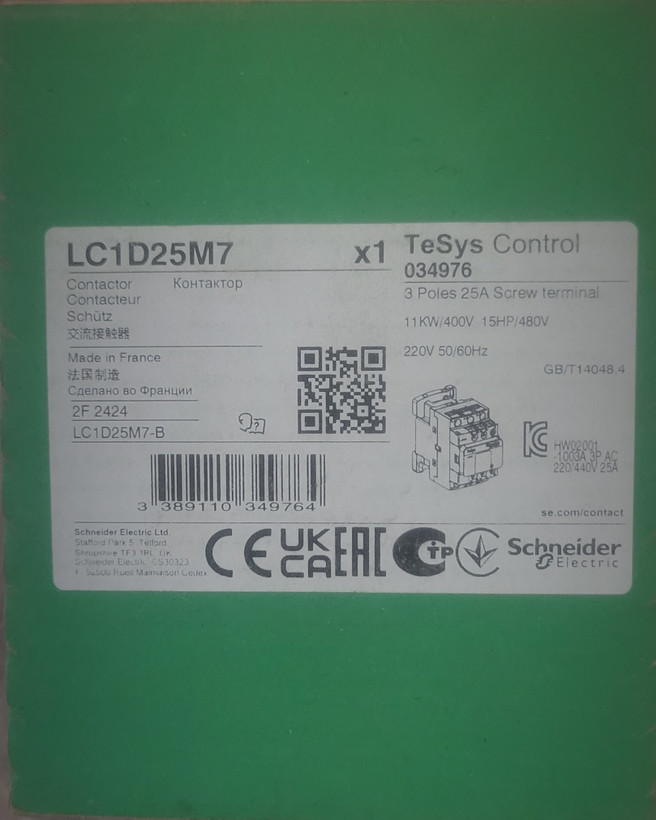 کنتاکتور 25 آمپر اشنایدر مدل LC1D12M7 بوبین ۲۲۰ ولت